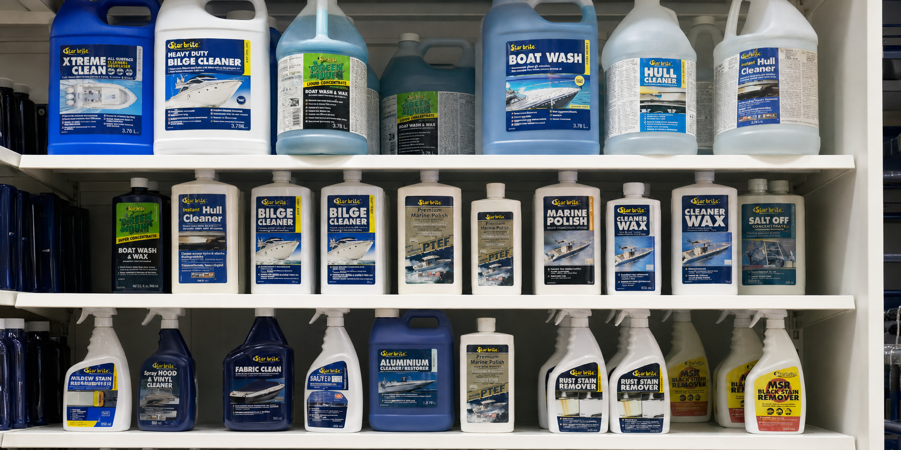 Nautilos Store shelves stocked with Star brite marine cleaning products