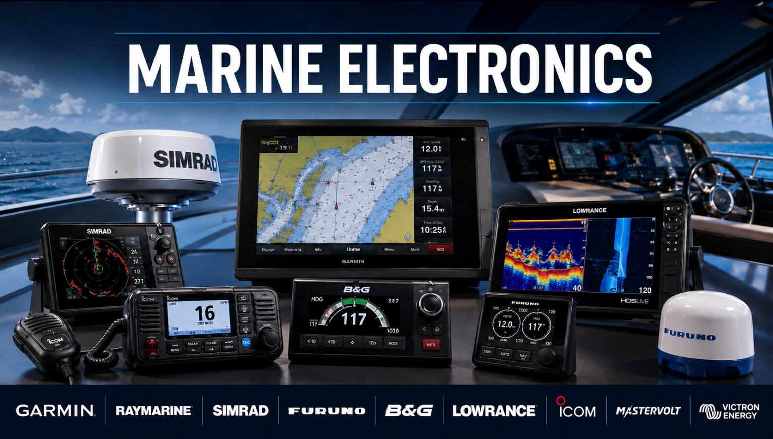 Marine electronics including chartplotters, radar, sonar, VHF, Mastervolt and Victron systems