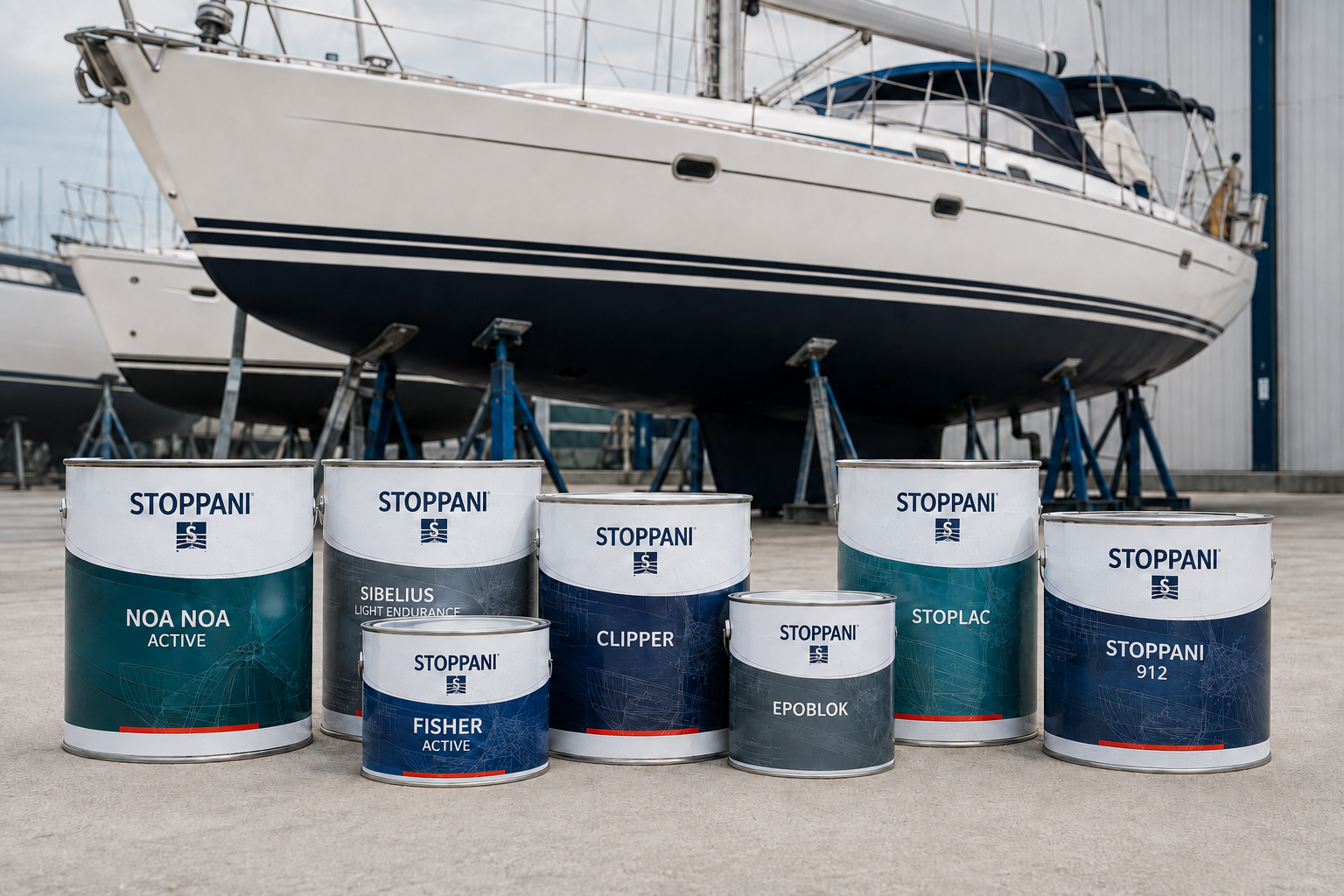 Seven Stoppani marine paint and antifouling cans in front of a yacht