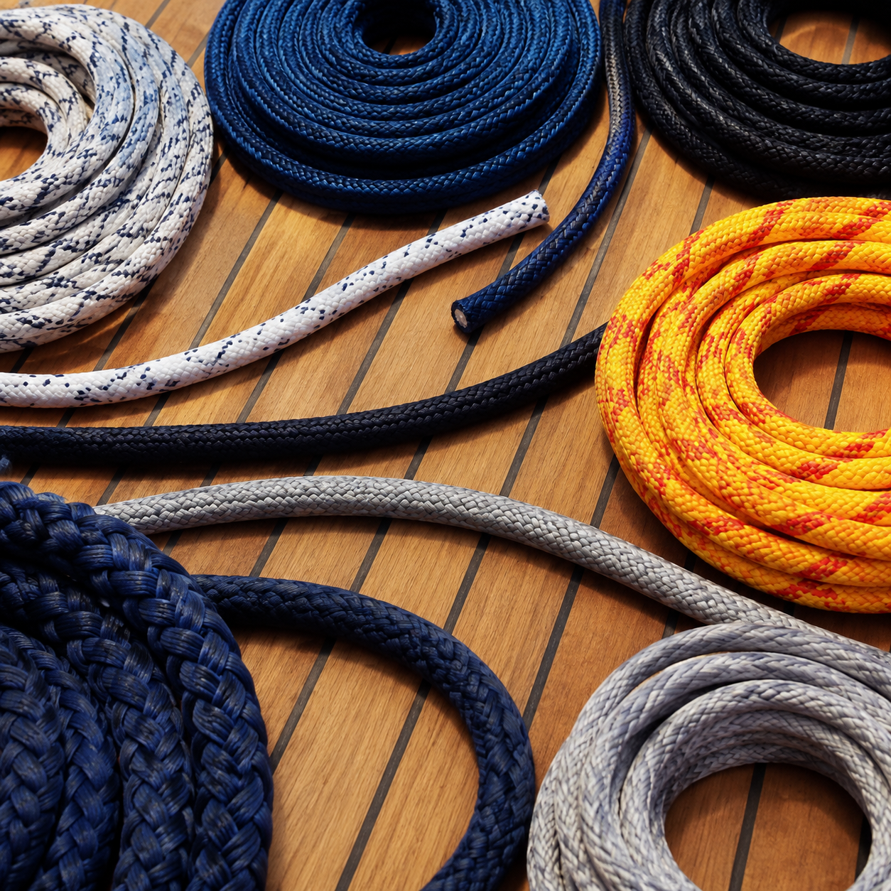 Marine ropes arranged on a teak deck