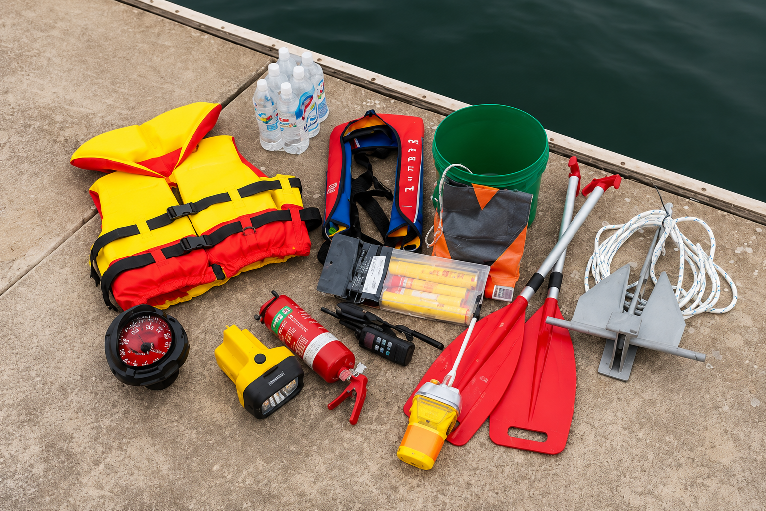 Boat safety equipment including lifejackets, fire extinguisher, radio, paddles, anchor and rope